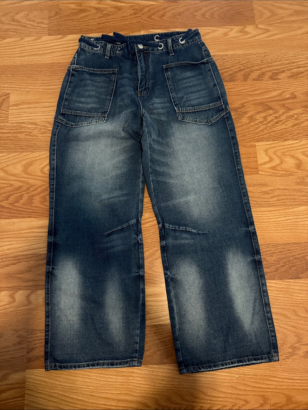 Women’s Relaxed Fit Dark Blue Washed Jeans-tik tok trend large=10-12 size